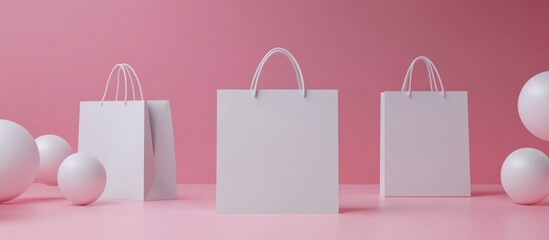 Poster - Blank white paper shopping bag mockup on a pink background with decorative spheres ideal for branding and advertising purposes