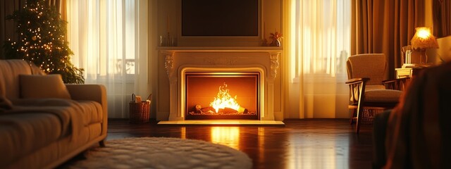 Poster - Cozy Living Room Interior with Warm Fireplace Ambiance Perfect for Text and Decoration Ideas