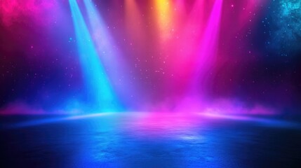 Poster - Colorful concert stage with dramatic lighting effects and fog, ideal for text overlay and event promotions