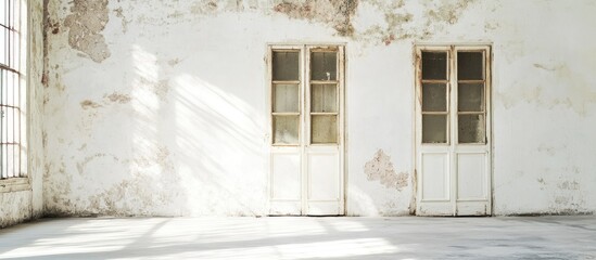 Poster - Bright Minimalist Interior Featuring White Walls, Large Windows, and Double Doors Ideal for Text Overlay or Creative Design Use