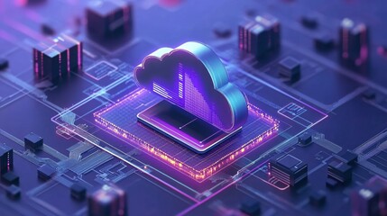 Poster - Abstract cloud computing concept with glowing circuits and data visualization in purple tones