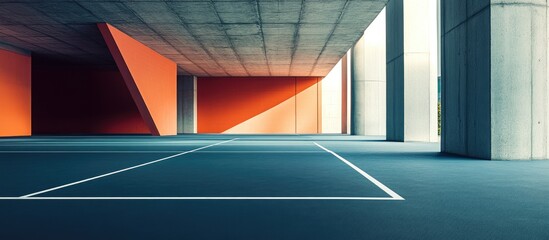 Poster - Sleek contemporary architectural space with vibrant colors and empty surface ideal for showcasing text or graphics in modern design projects