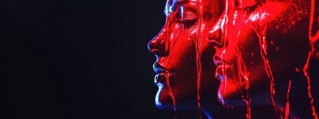 Poster - Trio of wet painted faces illuminated by red neon light on a black background with space for your text and design elements.