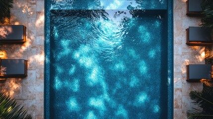 Poster - Aerial View of Serene Blue Pool with Sparkling Tiles Surrounded by Lush Greenery and Warm Ambient Light