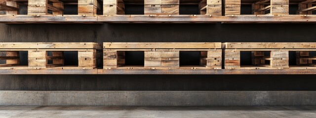 Poster - Warehouse Storage Racks with Wooden Pallets in Industrial Setting with Clear Space for Text and Branding