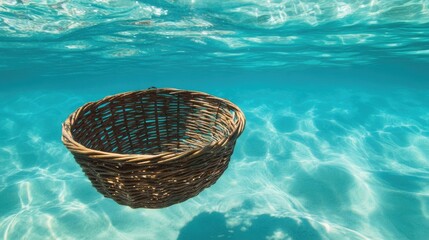 Poster - Wicker basket gently floating in serene clear blue waters creating a tranquil underwater scene