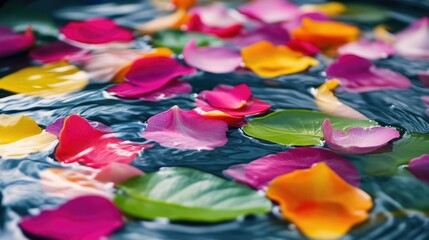 Poster - Colorful Flower Petals Floating on Water Creating a Serene Atmosphere with Copyspace for Text and Design Elements