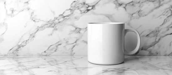 Poster - White ceramic mug mockup on elegant white marble surface with ample space for customization and text placement