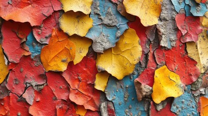 Poster - Vibrant Autumn Bark Texture with Colorful Leaves and Empty Copyspace for Text
