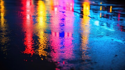 Poster - Vibrant Reflections of Neon Lights on a Rainy Street at Night with Blank Space for Text or Branding