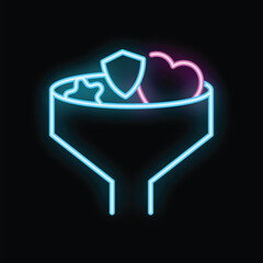 Poster - Neon funnel filtering heart, star, and shield icons representing lead conversion, marketing, and sales funnel concepts