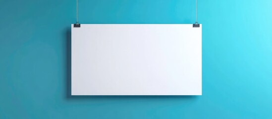Poster - Indoor hanging banner mockup on blue wall with large empty space for advertising text and promotional designs.