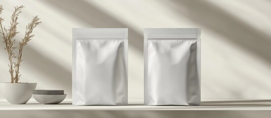 Poster - Minimalist mockup of white label bags on a neutral surface with space for branding and text suitable for product design presentations.