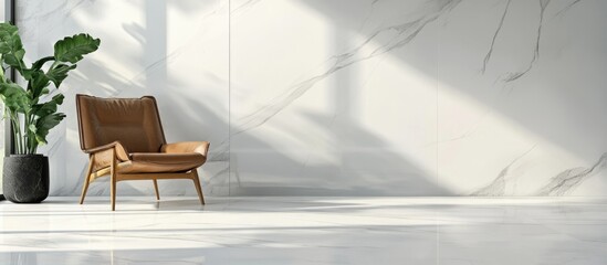 Poster - Modern Minimalist Living Room with White Floor Tiles and Empty Wall Space for Custom Text