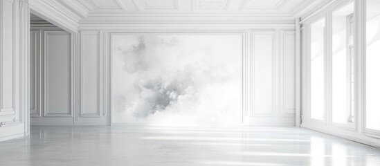 Poster - Bright and Spacious White Industrial Room with Panoramic Views and Expansive Blank Area for Text or Design Elements