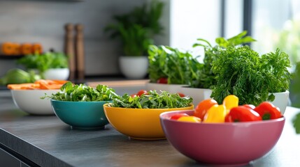 Aufkleber - Vibrant assortment of fresh salads and vegetables arranged on a kitchen countertop with natural plants in the background.