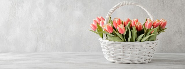 Poster - Basket of colorful tulip flowers on a neutral background with ample space for text or graphic overlays ideal for spring or floral promotions