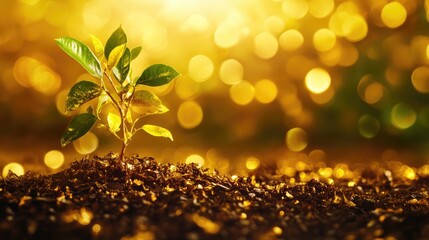 Poster - Close up of a golden sapling with lush leaves on rich soil symbolizing growth and prosperity with soft bokeh background for text placement