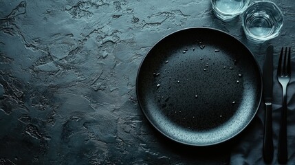 Fototapete - Elegant dark plate with droplets glass of water and cutlery on textured surface empty space for menu or text placement above the plate
