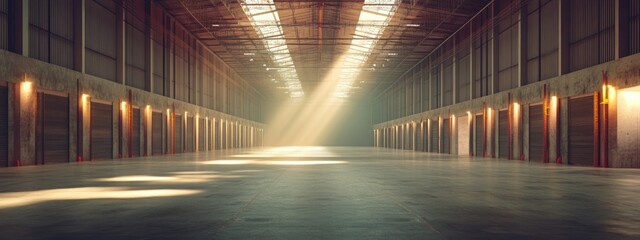Poster - Warehouse Interior with Sunlight Beams on Floor and Empty Space for Distribution Logistics and Storage Concept