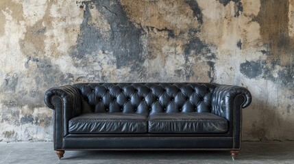 Poster - Elegant vintage black leather tufted sofa placed against a rustic cement wall with ample empty space for design or text overlay.