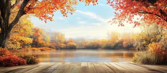 Aufkleber - Vibrant autumn landscape with serene lake and colorful foliage framed by trees offering ample space for text and creative designs
