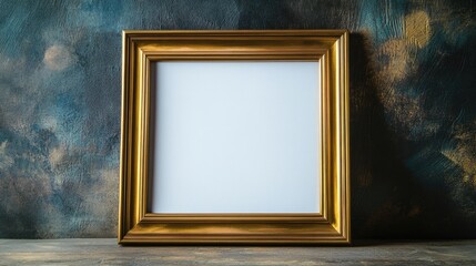Poster - Elegant vintage brass picture frame on rustic wooden table with blank space for personalized text or images.