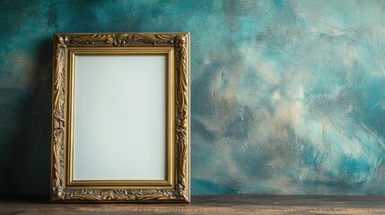 Poster - Vintage brass picture frame on wooden table against textured blue wall with empty space for customizable text or artwork display.