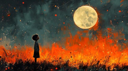 Fototapete - Whimsical blackandwhite sketch featuring a small boy joyfully conversing with the moon and stars enhanced by surreal colors and playful alcohol ink splatter effects for a captivating visual