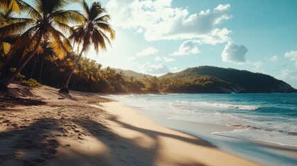 Aufkleber - Idyllic Caribbean beach scene with palm trees golden sand and gentle waves under a bright sky for tropical vacation and relaxation themes