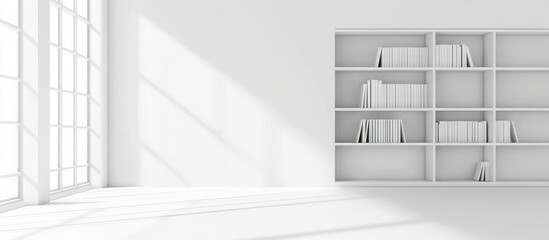 Poster - Minimalist white living room featuring a bookshelf and ample blank space for customizable text or branding elements.