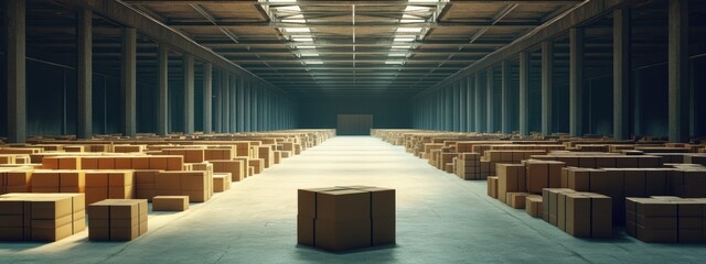 Poster - Spacious warehouse interior featuring neatly arranged packages and ample empty space for text or branding needs