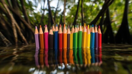 Aufkleber - Vibrant colored pencils arranged in water among mangroves with blurred nature background and empty space for creative text or design