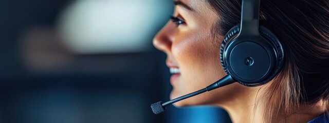 Poster - Warehouse employee communicating via intercom headset with space for text and focus on professionalism and teamwork in logistics environment