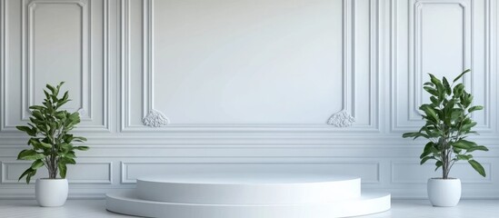 Poster - Modern white podium in elegant living room with spacious text area and stylish potted plants on either side for enhanced aesthetic appeal