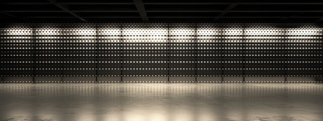 Poster - Modern warehouse interior featuring glistening dot shelves and ample empty space for customizable text or imagery.
