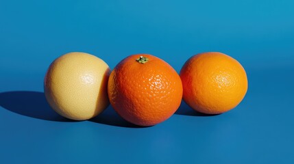 Aufkleber - Vibrant display of citrus fruits including grapefruit and oranges on a bright blue background showcasing freshness and color contrast