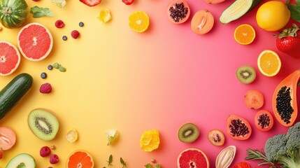 Aufkleber - Colorful Arrangement of Fresh Fruits and Vegetables on Gradient Background Showcasing Healthy Lifestyle with Space for Text or Branding