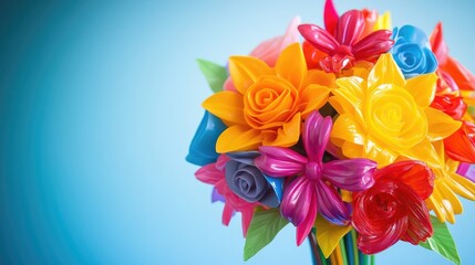 Poster - Vibrant Colorful Plastic Flower Bouquet with Bright Background and Empty Space for Text Invitation or Greeting Card Design