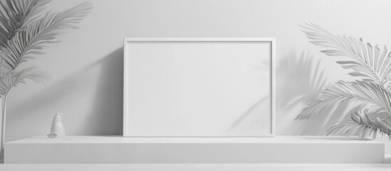 Poster - modern white minimalist interior with empty poster frame and decorative elements in a bright elegant