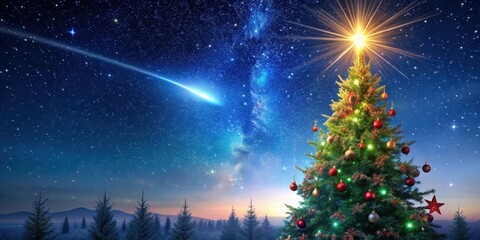 Wall Mural - a starry night sky with a shooting star streaking across the horizon above a decorated christmas tre