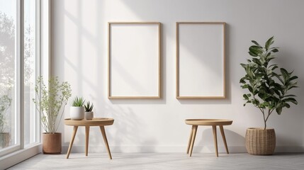 Leinwandbilder - Minimalist interior design featuring two empty vintage wooden frames on a white wall with plants and tables for a serene atmosphere