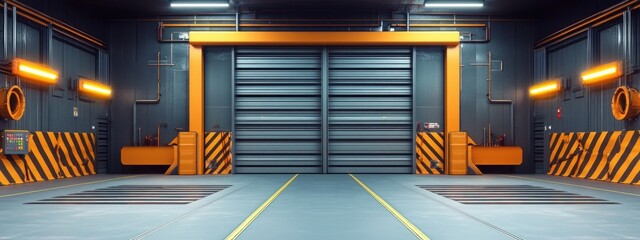 Poster - Industrial warehouse interior with empty floor space ideal for construction or manufacturing backgrounds and customizable text area