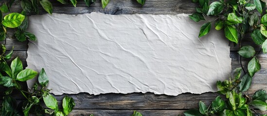Poster - Blank white textured paper frame surrounded by green foliage on a wooden surface ideal for adding personalized text or designs.