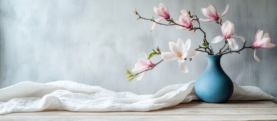 Poster - Elegant white linen tablecloth with rustic wood and blue vase showcasing pink magnolia branches perfect for floral arrangements or decor.