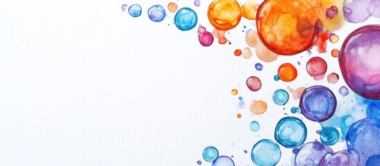 Poster - Colorful water droplets on white paper creating a lively background with space for text or design elements. Perfect for creative projects.