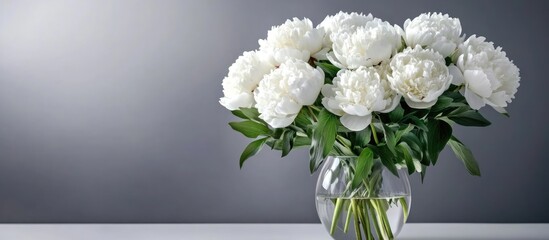 Poster - Elegant White Peony Bouquet in Glass Vase on Minimalist Table with Ample Copy Space for Text and Design Elements