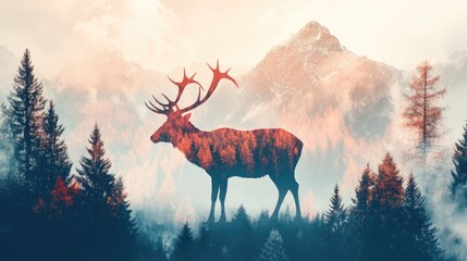 Poster - Vibrant double exposure art featuring a deer silhouette blended with a scenic nature backdrop and ample space for text overlay