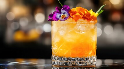 Poster - Citrus mocktail garnished with vibrant flowers served over ice in a stylish glass against a blurred bar background