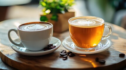 Poster - Two Distinct Cups of Coffee and Tea on a Wooden Table with Coffee Beans and Green Plants